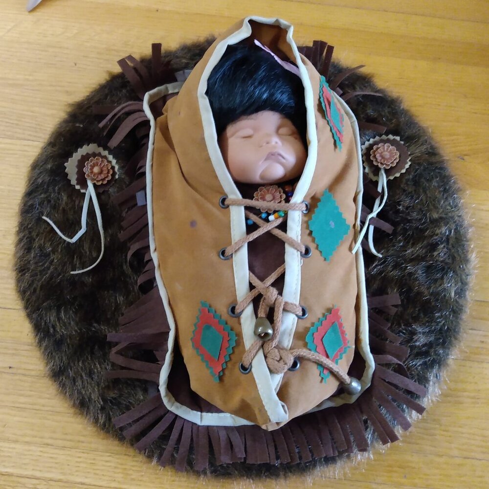 Vintage Goldenvale Native American Sleeping Porcelain Baby in Papoose 13"